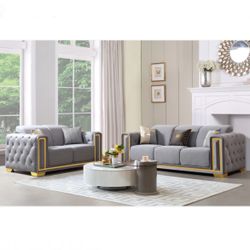 Grey Linen Fabric With Gold Trim Sofa Loveseat Set Brand New In Box Firm Price $1,200