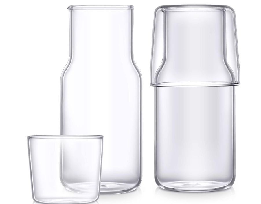 New 14 oz Bedside Water Carafe Set 2 Pieces Glass Mouthwash Bottle Clear BedsideÂ