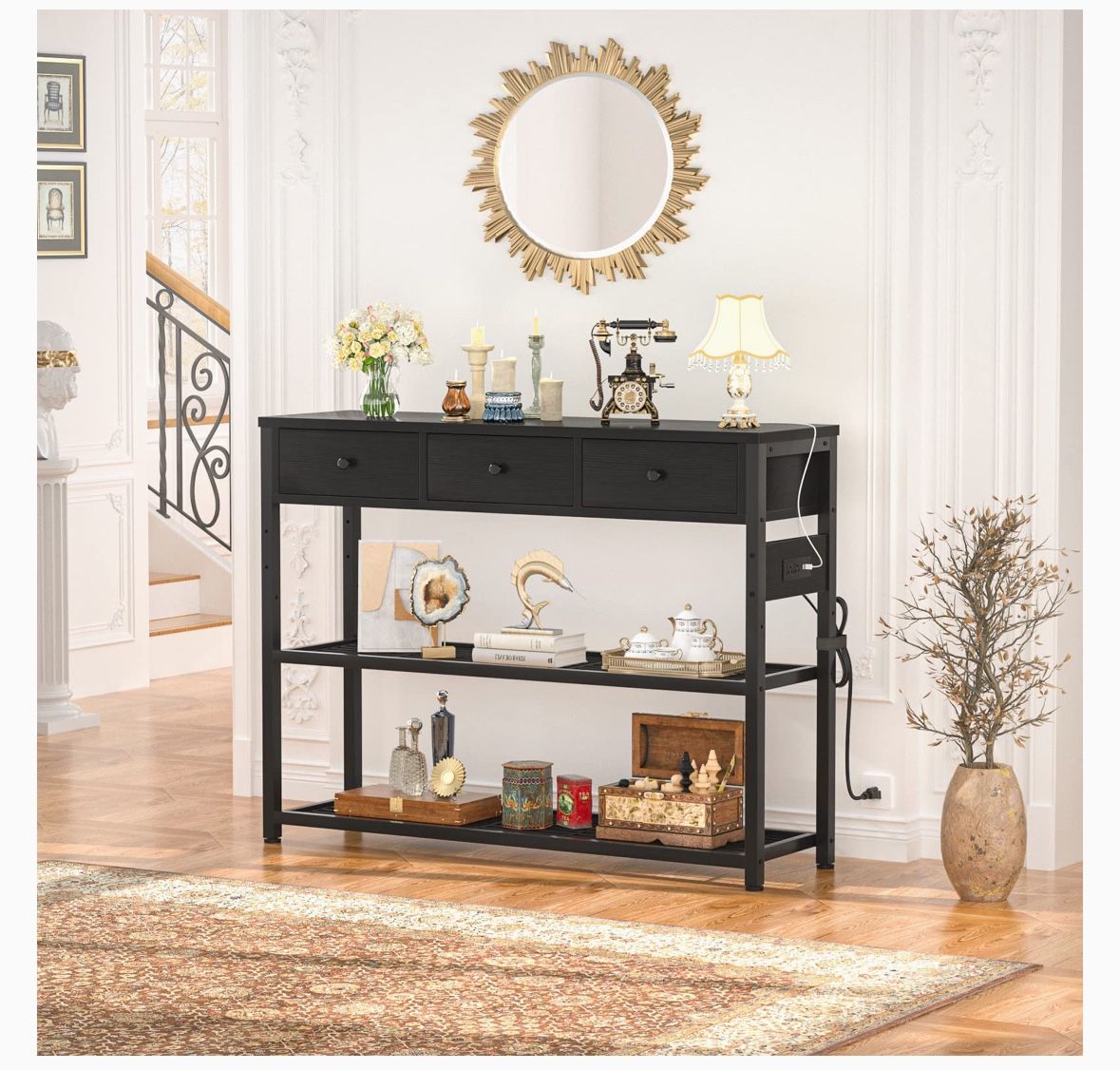 Ecopriso 47'' Entryway Table with Outlets and USB Ports, Console Table with 3 Drawers, Sofa Table Narrow Long with Storage Shelves for Living Room, Co