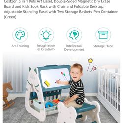 3 in 1 Kids Art Easel, Double-Sided Magnetic Dry Erase Board and Kids Book Rack with Chair