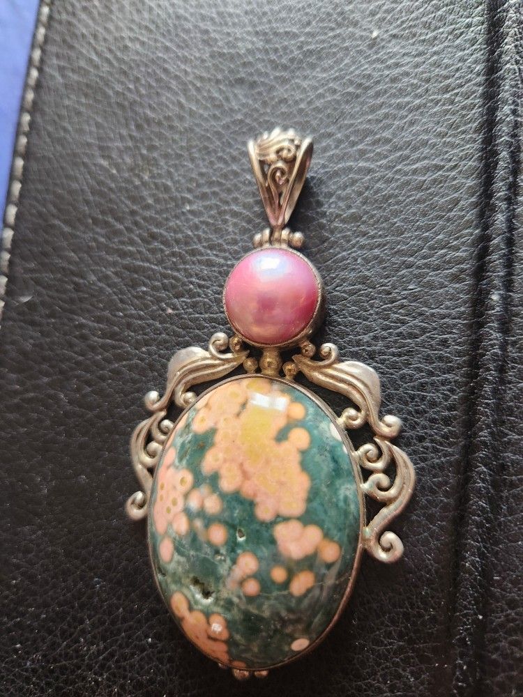 Natural Ocean Jasper - Madagascar 925 Sterling Silver Pendant Jewelry With Real Pearl.