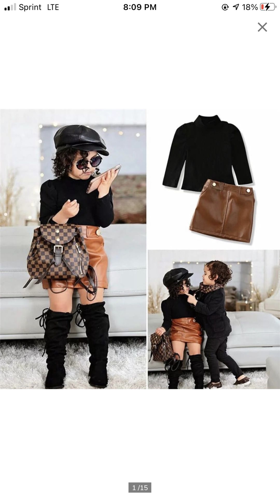 Girls Long Sleeve Top & PU Skirt Set
