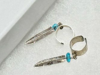NEW Vintage Native American Turquoise Sterling Silver Feather Dangle Ear Cuff Set