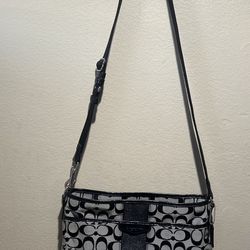 Coach Signature Monogram Leather Canvas Crossbody Shoulder Bag Black Grey F28502