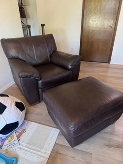 Brown Leather Chair + Ottoman 