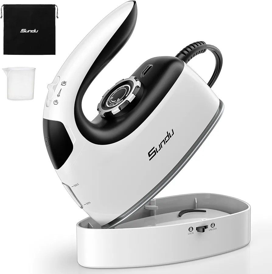Small Travel Clothes Steam Iron, Portable, Non-Stick Soleplate, 300 Micro steam Holes, 90ml water tank, lockable safety base
