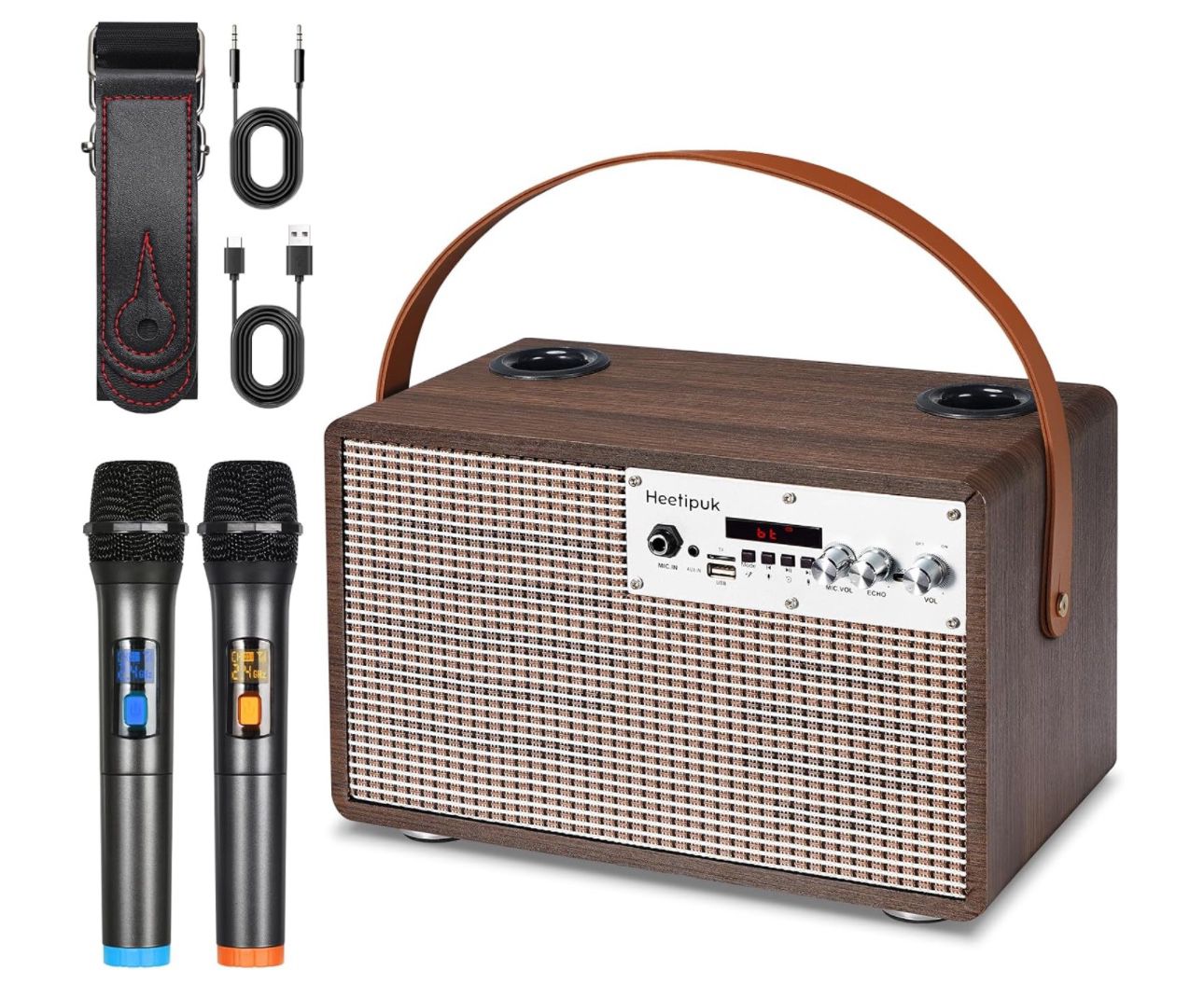 K3 Wooden Karaoke Machine, Portable Retro Bluetooth Speaker with 2 Wireless Microphones