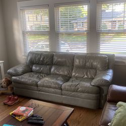 Gray Leather Couch,  Loveseat & End Table