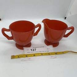 VTG Set Of 2 Anchor Hocking Fire King Rainbow Fired Rare Orange Cream And Sugar 