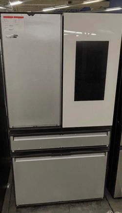 Bespoke 23 cu. ft. Counter Depth 4-Door French Door Refrigerator in White Glass with monitor and beverage center.