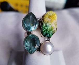 Topaz, Pearl, druzy agate and sterling silver ring, size 7
