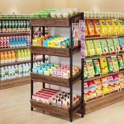Retail Display Racks, 4-Tier Snack Rack, Chip Stand with Storage Shelves, Merchandise Display Shelves, Easy Assembly (1, Brown)