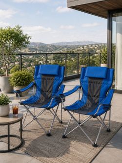 Set of 2 Blue Folding Camping Chairs with Cup Holders – Portable Outdoor Patio / Balcony Chairs