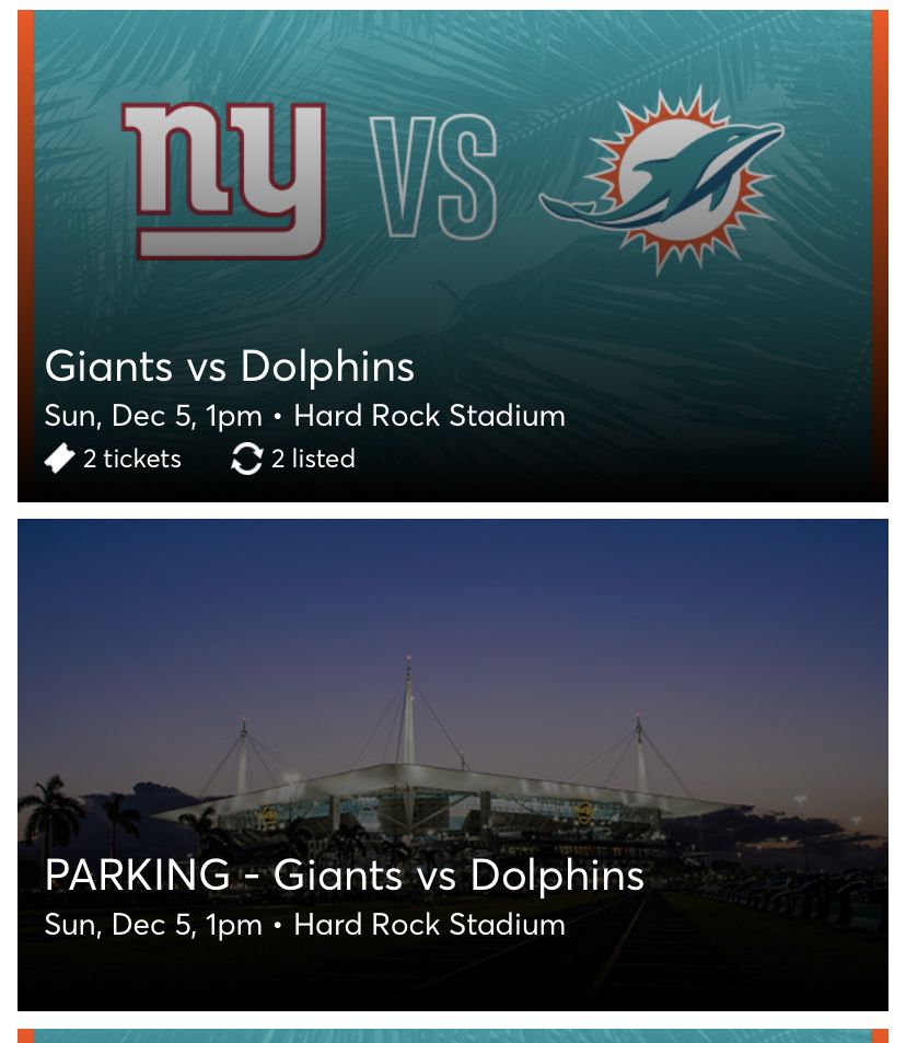 Dolphins vs Giants  50-yard line with Parking