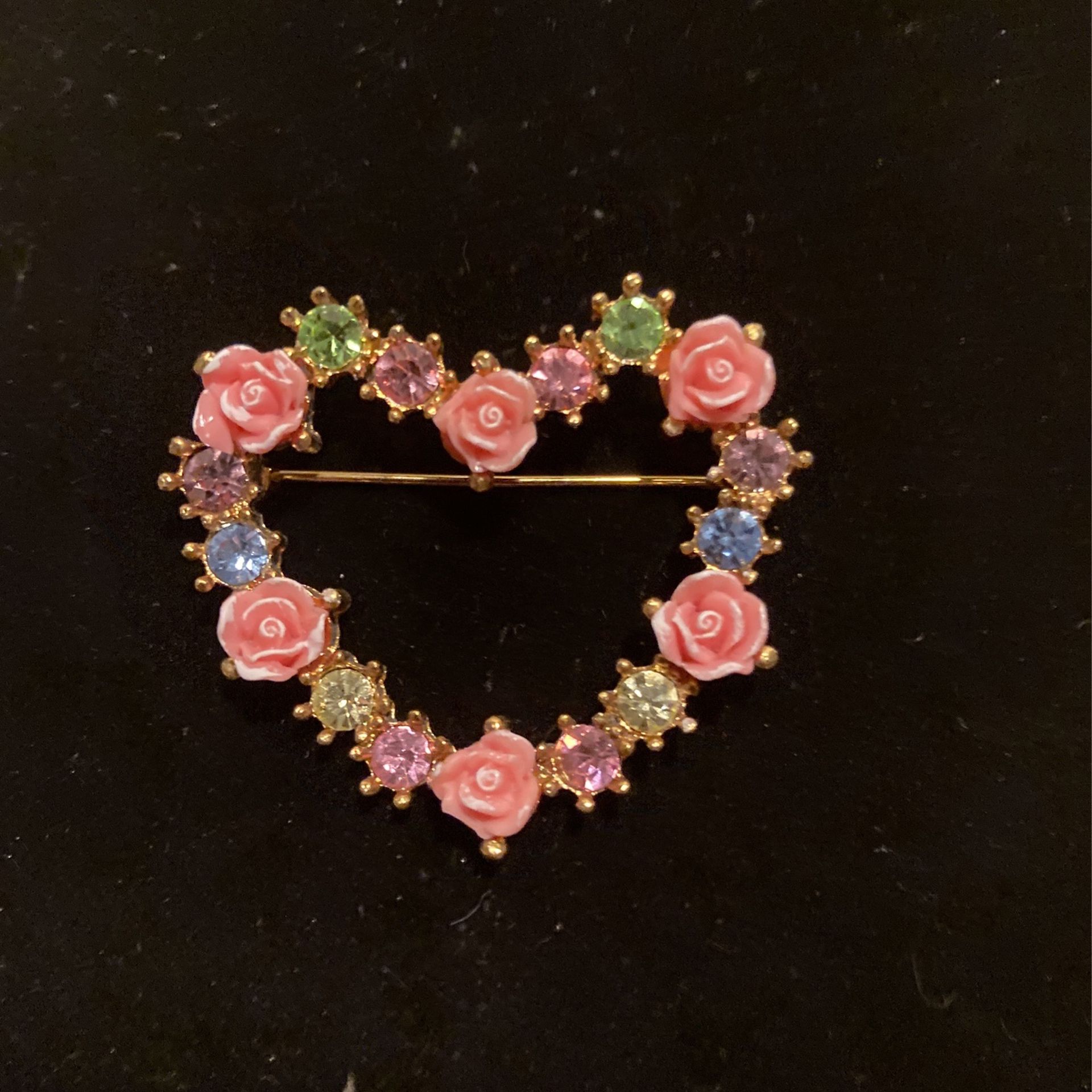 Vintage Heart Brooch, Pin - Pink Rose & Rhinestone - Good Condition - #artssoflo