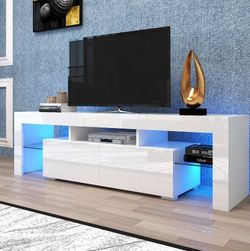 Modern White TV Stand, 20 Colors LED TV Stand w/Remote Control Lights