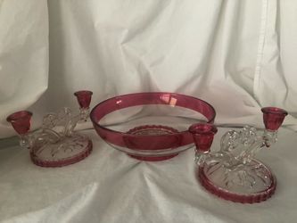 Depression Glass Jeannette Bowl and Candelabra Pair - Vintage