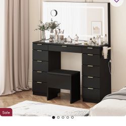 Ivy Bronx Glass Top Vanity Desk w/ LED Mirror & 11 Drawers + Stool