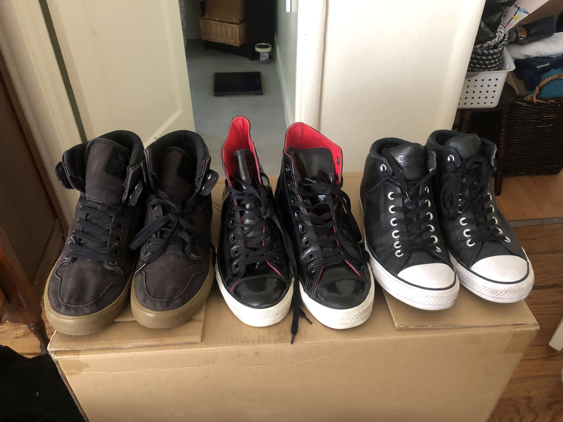2 Pairs of Converse Tennis Shoes And 1 Supra All For $140 Or $40 Each Pair Look At The Pics For Sizes 