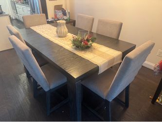 Modern 6-Piece Dining Table Set – Dark Wood with Upholstered Chairs