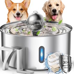 Dog Water Fountain,7L/1.8Gal/236oz Stainless Steel Dog Water Bowl Dispenser,Auto Pet Water Fountain with Spherical Fountain Spout,Ultra-Quiet Pump,5-L