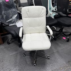 White Office Chair, Mid Back Leather Desk Chair with Wheels and Padded Arms, Swivel Vanity Chair for Bedroom, Computer Chair for Study and Work