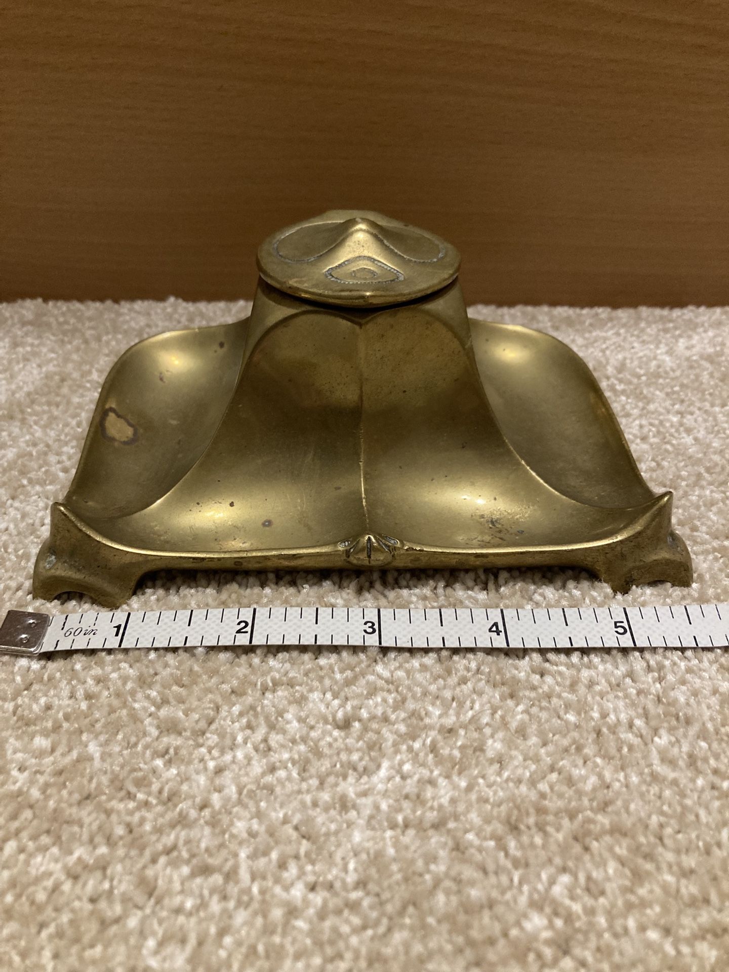 Antique Art Nouveau Brass Inkwell 4” x 6”