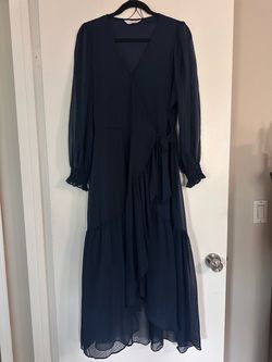 Navy Blue Chiffon Wrap Midi Dress