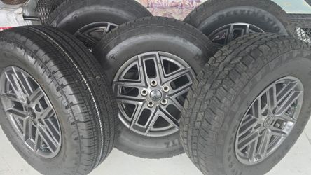 5 OEM Jeep Wrangler 17” Wheels + 245/75R17 All-Terrain Tires