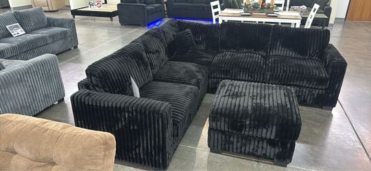 Black Corduroy Sectional Sofa with Ottoman