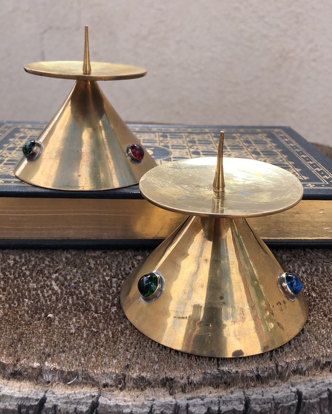 MCM Brass Spike Pillar Candle Holder W/ Rhinestones 3” tall and wide- set for $24.00