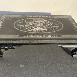 Antique Asian Mother Of Pearl Inlaid Phoenix & Floral Black Lacquer Wooden Coffee Table