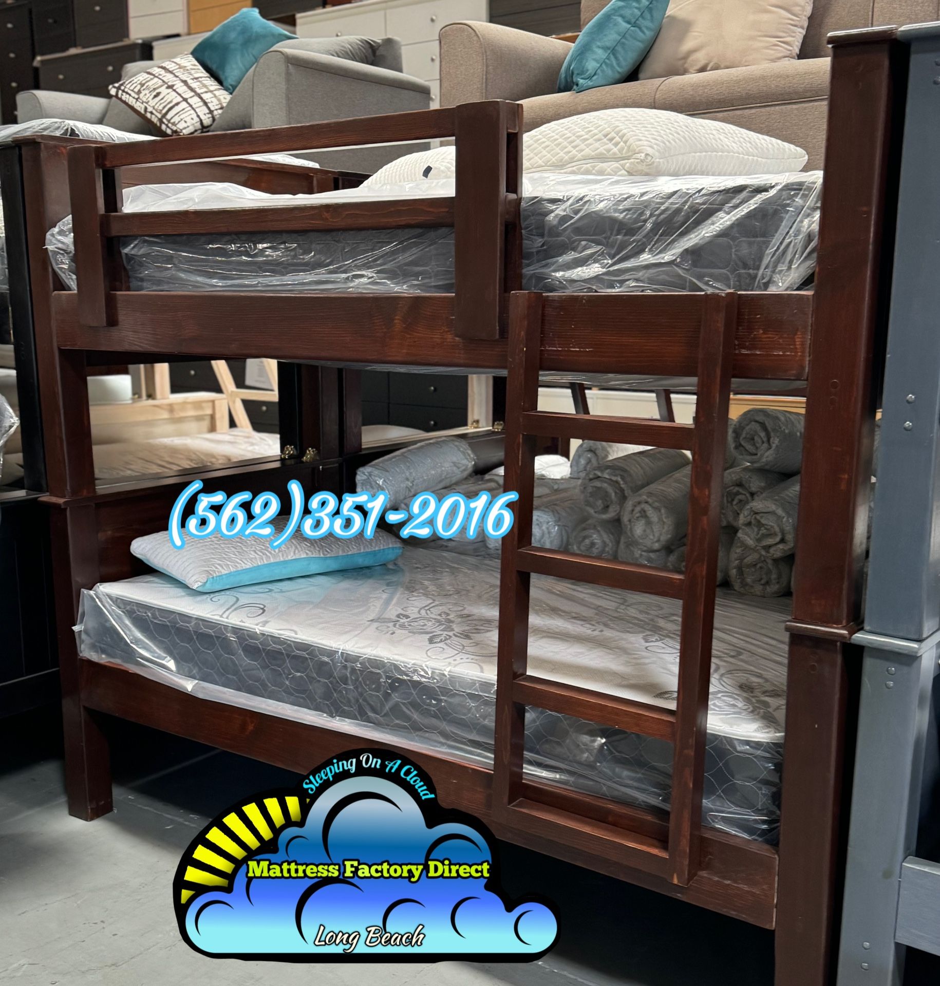 Twin Brown Bunk Bed Litera Con Colchones Nuevos New Cama Bonita