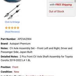 Cv Axle Set 2019-2022 Toyota Corolla