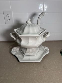 White Ceramic Soup Tureen with Lid, Ladle, and Underplate