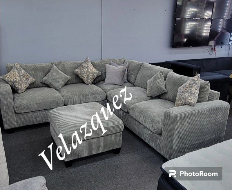 ✅️✅️ 4pc for grey corduroy fabric upholstered sectional sofa with ottoman ✅️✅️