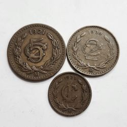 Mexico Antique 1 , 2 , 5 Centavos Coins / Monedas Antiguas De Mexico