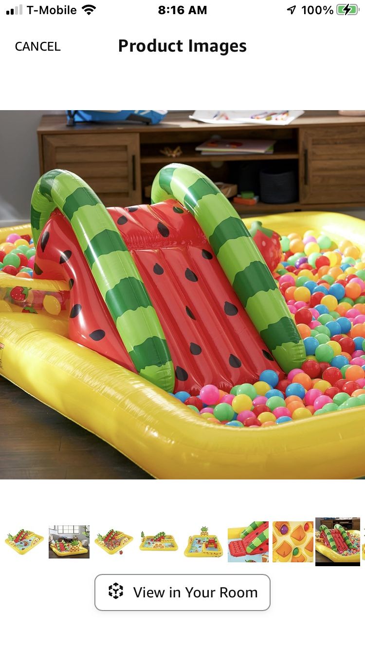 Intex 57158EP Fun'N Fruity 8ft x 6.25ft x 4in Outdoor Inflatable Kiddie Pool Water Play Center with Water Slide, Sprinklers and 6 Play Balls for Ages