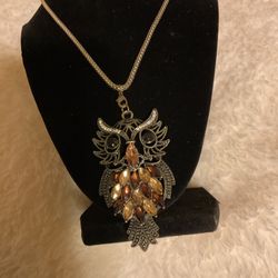 Gold/bronze Solid Owl Pendant With Crystals  And 30” Necklace 