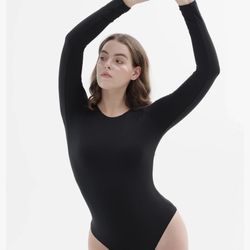 PUMIEY Women's Crew Neck Long Sleeve Bodysuit Second-skin Feel Tops Smoke Cloud Collection 