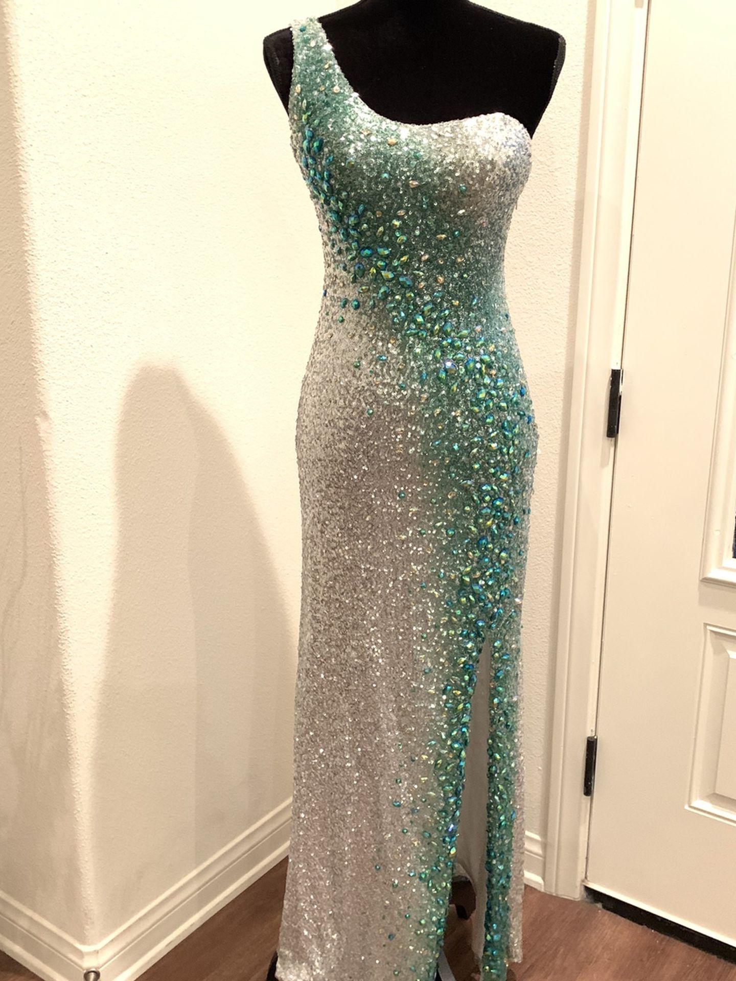 La Femme Maxi, One Shoulder, Silver and Teal Dress