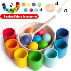 Wooden classification game set, rainbow ball and cup color classification game, fine action learning