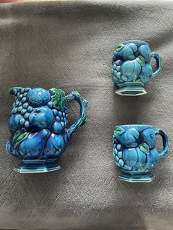 Vintage Inarco Blue Fruit Pitcher & Cup Set