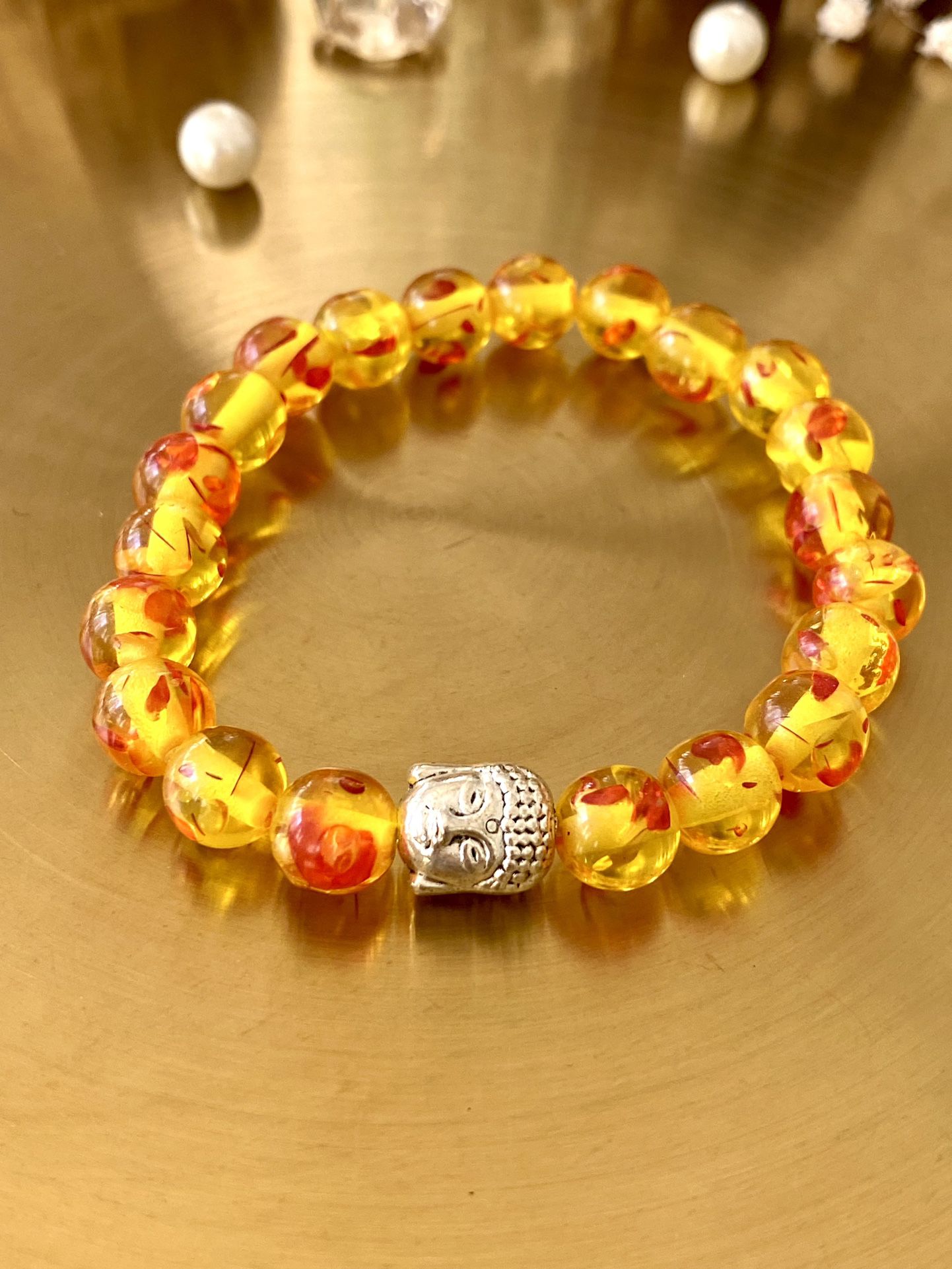 Baltic Amber Stretchable Beaded Bracelet With Silver Charm