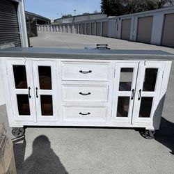 Industrial Farmhouse Rolling Kitchen Island / Sideboard with Galvanized Metal Top & Glass Cabinet Do