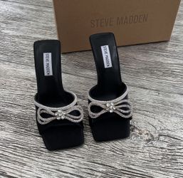 Steve Madden Black Satin Heels with Crystal Bow Detail
