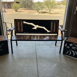 Patio / Park Bench Set With End Tables. 
