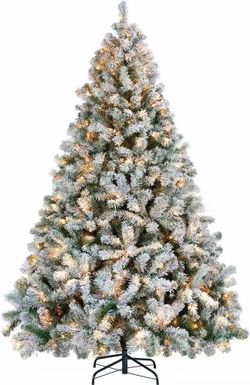 Christmas Tree 7.5ft, Flocked Xmas Tree with Lights Warm White Lighted Artificial Tree with Steel Stand, Easy Assembly Hinged Branches for Party Home
