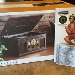 Victrola Hawthorne – 3-Speed (33 1/3, 45, 78 RPM) Bluetooth Record Player with CD, Cassette, FM Radio, & Built-in Stereo Speakers, RCA Out & Aux in, W