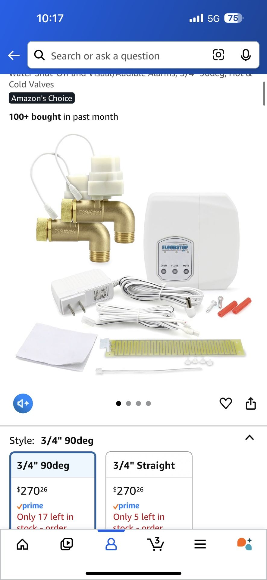 FloodStop Washing Machine Leak Detector Kit with Automatic Water Shut-Off and Visual/Audible Alarms, 3/4" 90deg, Hot & Cold Valves
